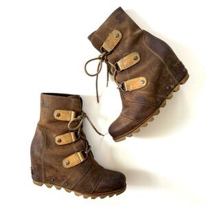 Sorel Joan of Arctic Wedge Mid Brown Distressed Genuine Leather Waterproof Boots